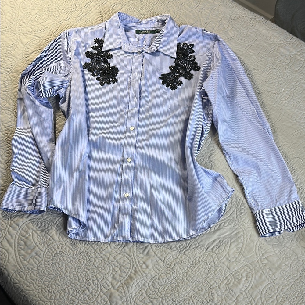 Lauren Ralph Lauren Blue Striped Camisole with Black Lace